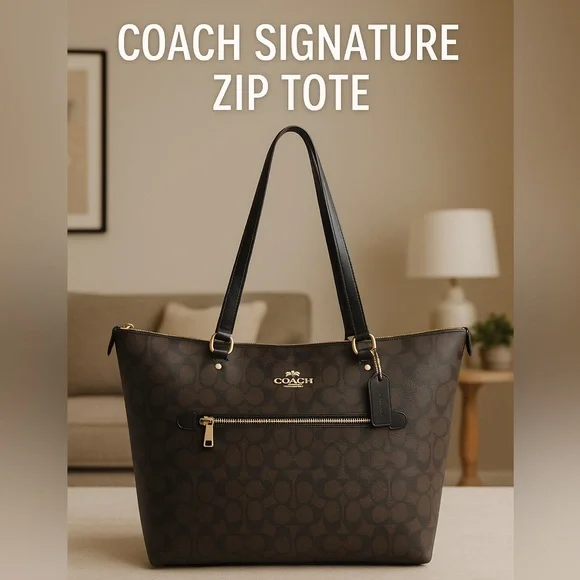 Coach Signature Large City Zip Tote Bag Brown Black Gold Hardware - Picture 1 of 15